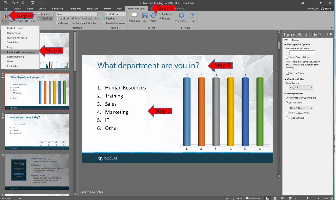 Screenshot showing how to insert a demographic slide in TurningPoint