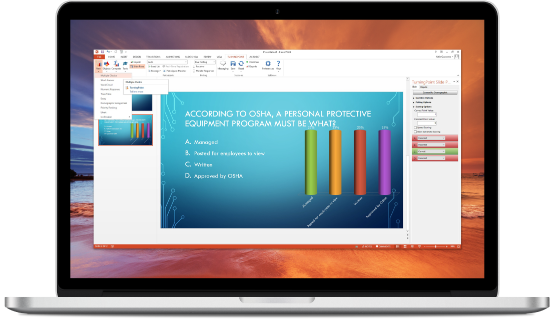 Laptop with a screenshot of creating a new question with TurningPoint desktop