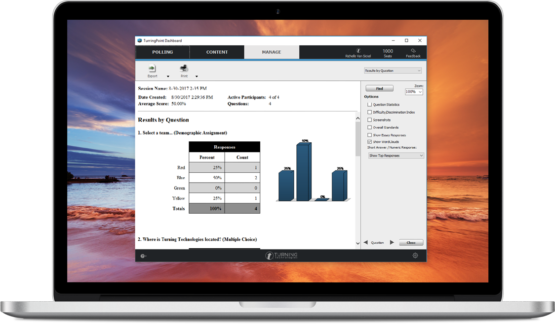 Reports being shown on a laptop using TurningPoint desktop